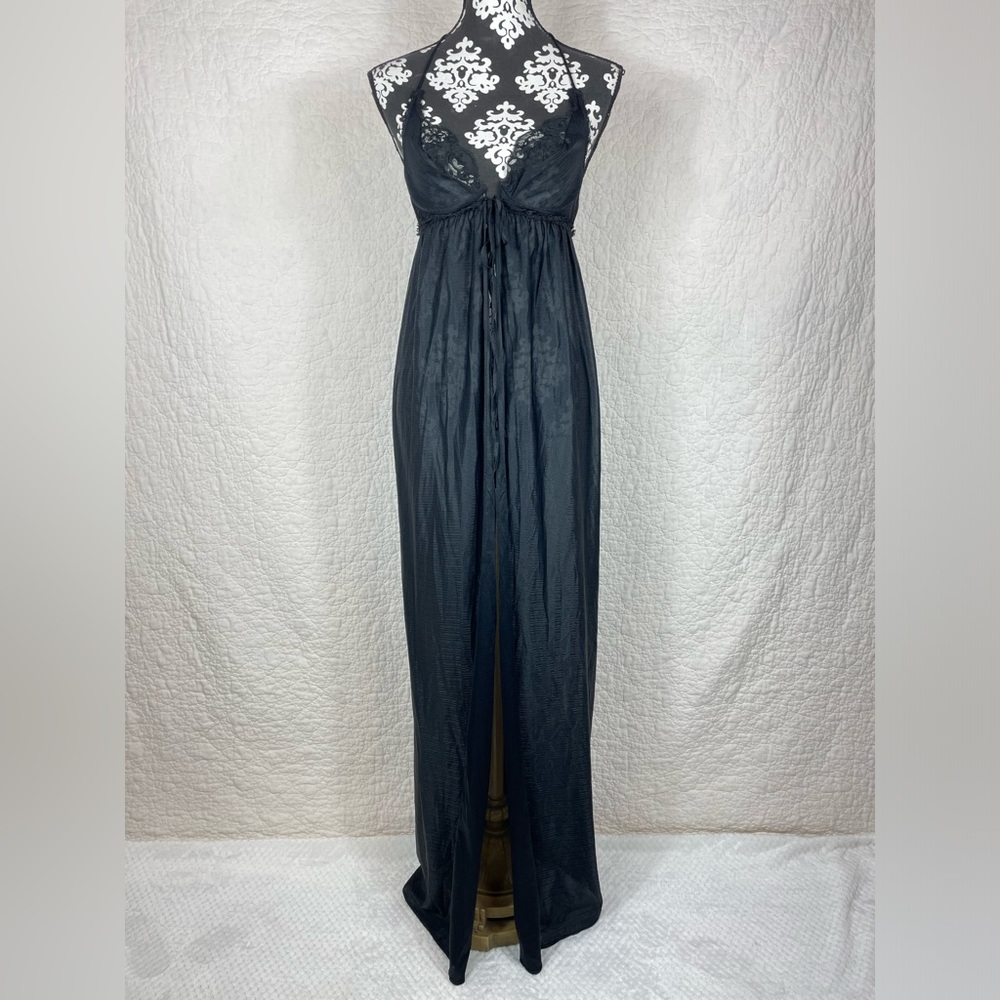 Vtg Frederik’s Hollywood Sexy Lace Full Length Open Back Black Nightgown S/M